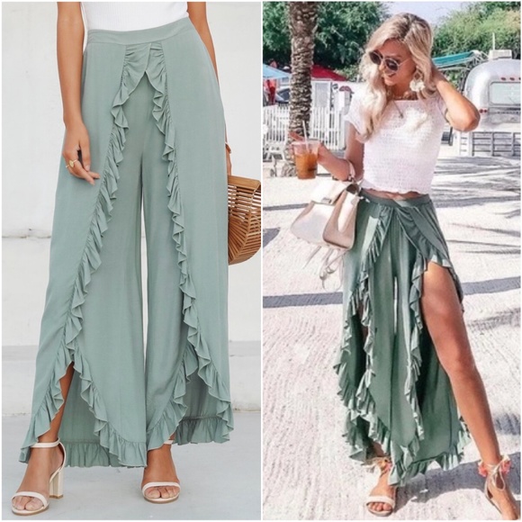 Pants - Boho sage ruffle detail slit palazzo pants Lounge